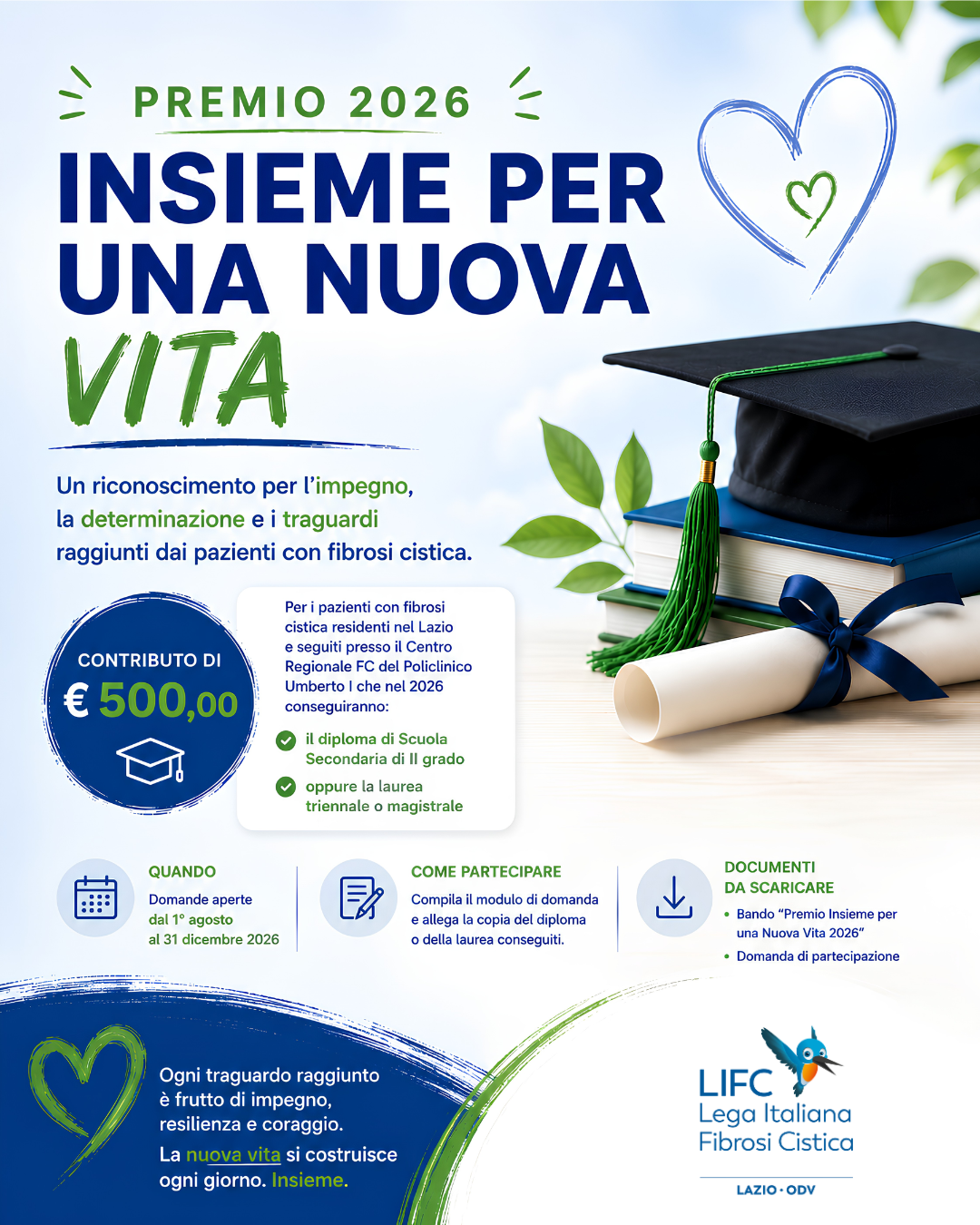 Immagine del Premio 2026 “Insieme per una Nuova Vita” di LIFC Lazio, con tocco da laurea, libri e diploma. Il progetto prevede un contributo di 500 euro per persone con fibrosi cistica che conseguiranno il diploma o la laurea nel 2026.