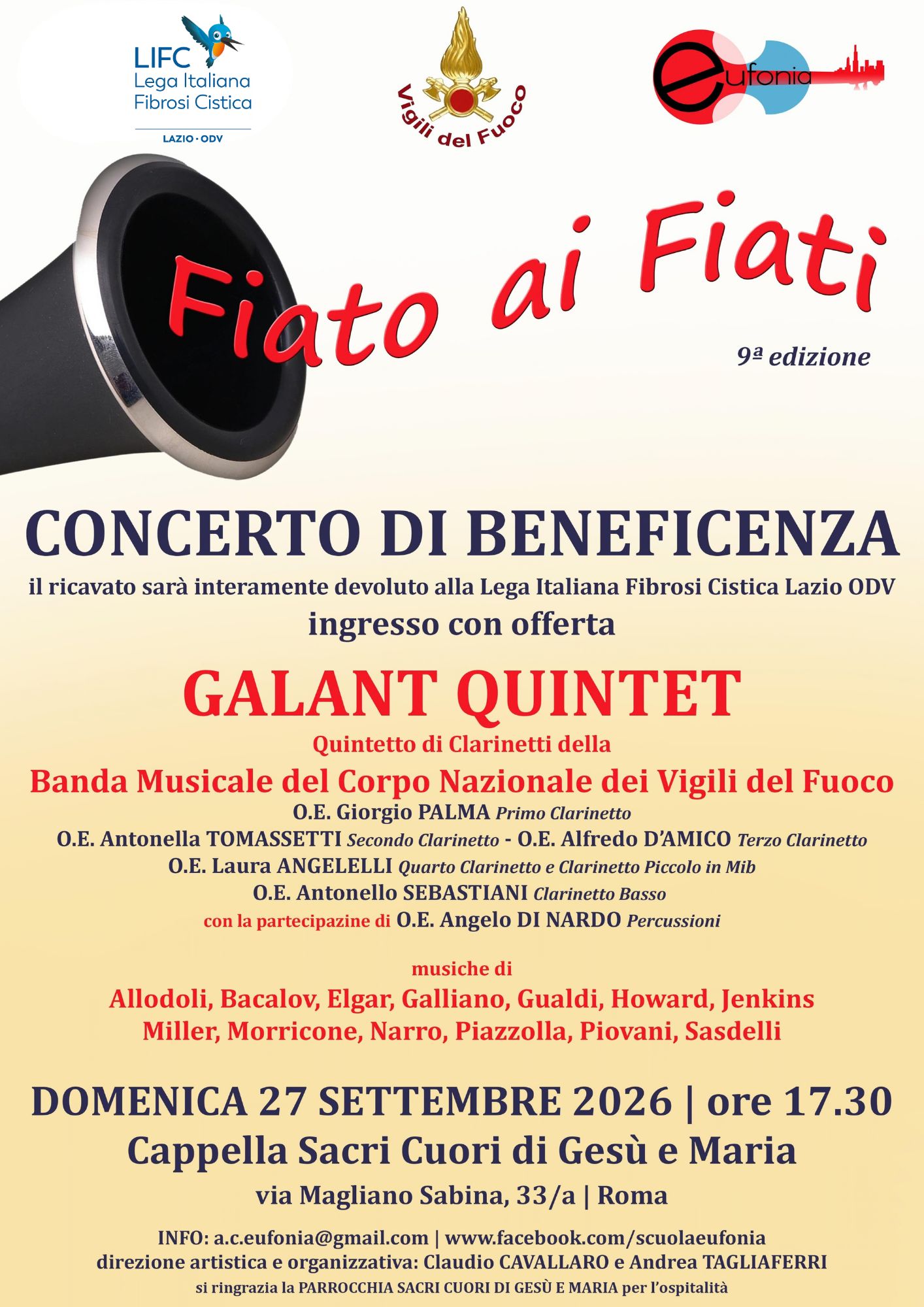 Locandina di Fiato ai Fiati 2026, nona edizione del concerto di beneficenza a Roma a sostegno della Lega Italiana Fibrosi Cistica Lazio, con il Galant Quintet.